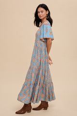 Dusty Blue Border Print Button Front Midi Dress