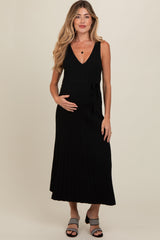 Black Pleated V-Neck Waist Tie Sweater Maternity Maxi Dress