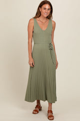 Light Olive Pleated V-Neck Waist Tie Sweater Maternity Maxi Dress