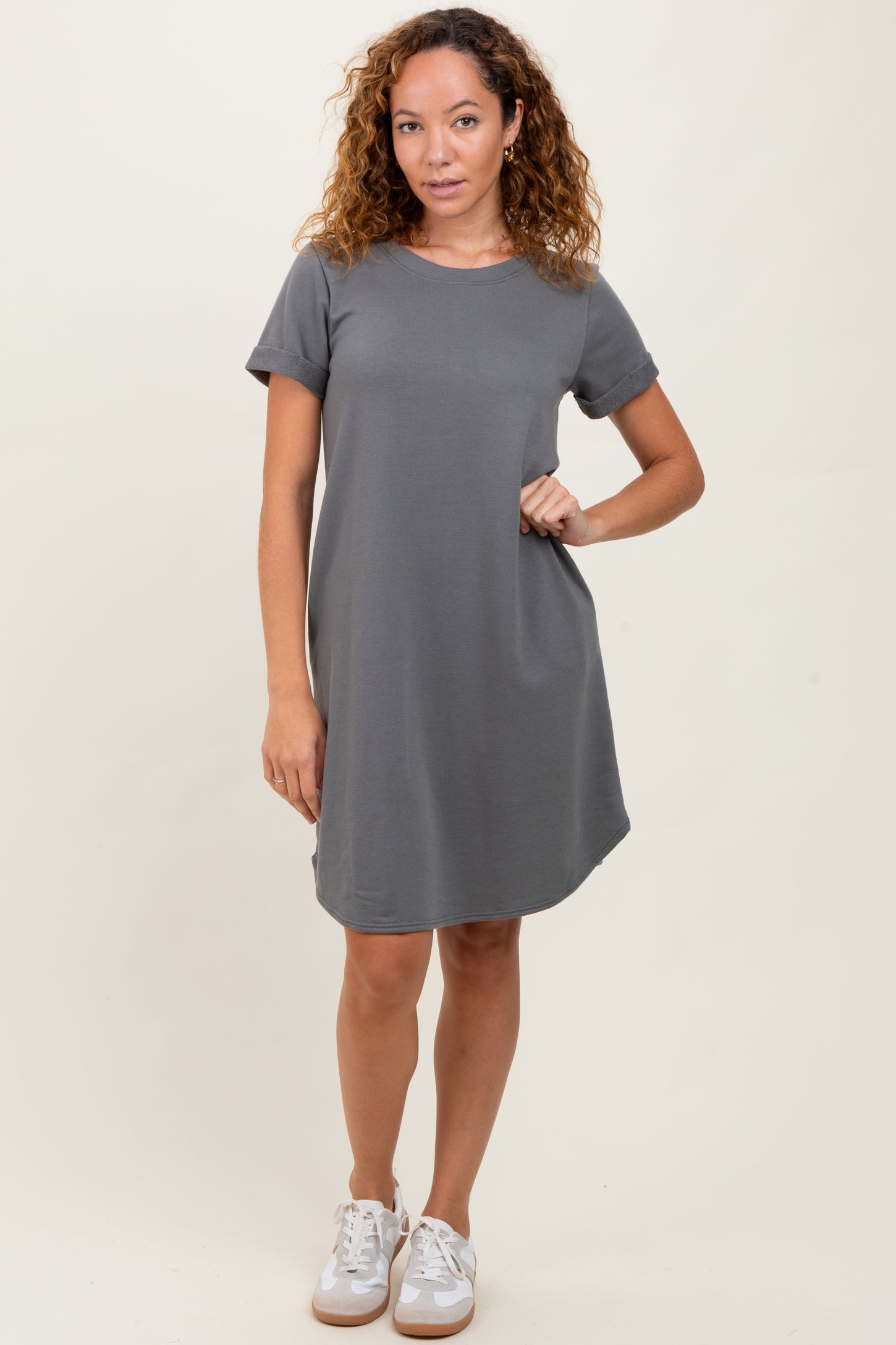 Charcoal French Terry Cuffed Short Sleeve Dress