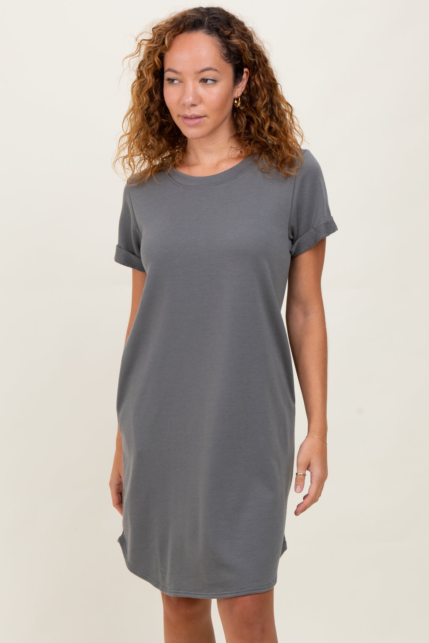 Charcoal French Terry Cuffed Short Sleeve Dress