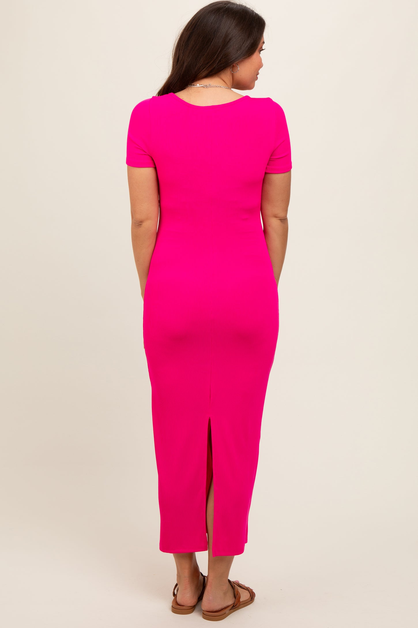 Fuchsia Ribbed Fitted Maternity Midi Dress