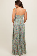 Light Olive Floral Ruched Square Neck Shoulder Tie Tiered Maternity Maxi Dress