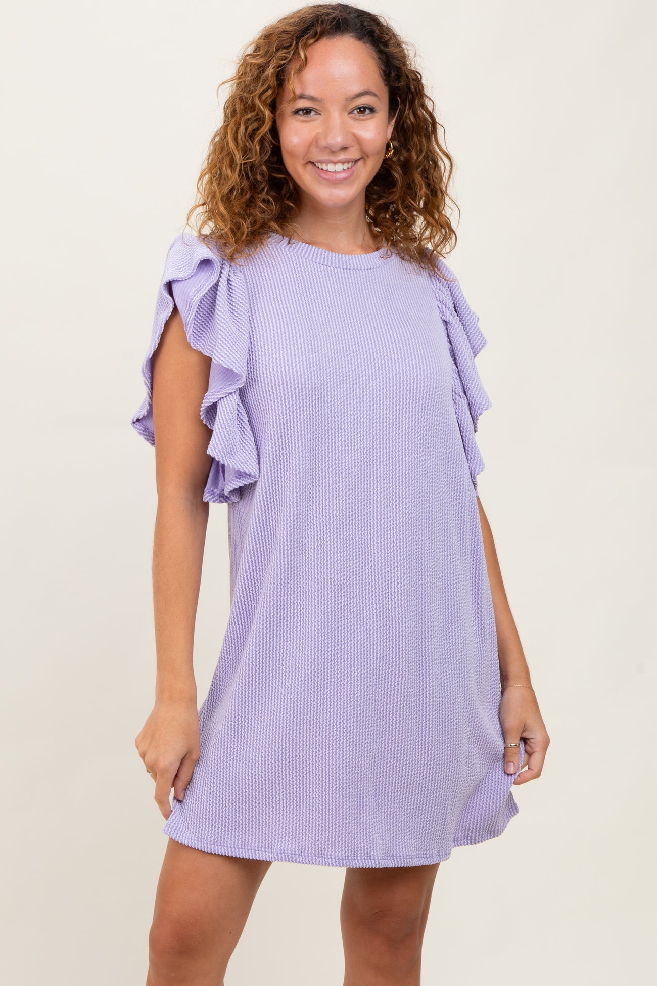 Lavender Ribbed Ruffle Sleeve Maternity Dress