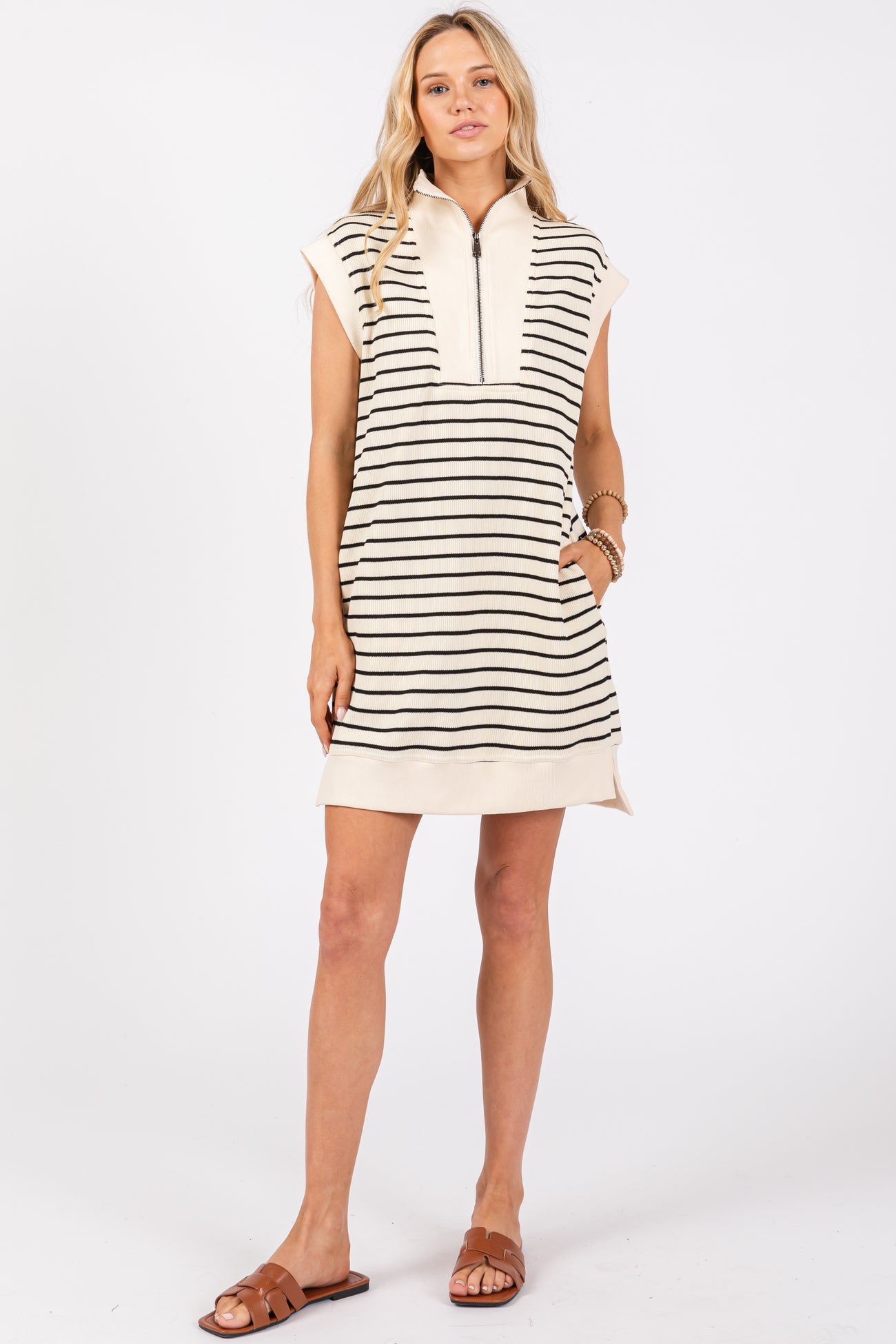 Cream Striped Knit Cap Sleeve Mini Dress
