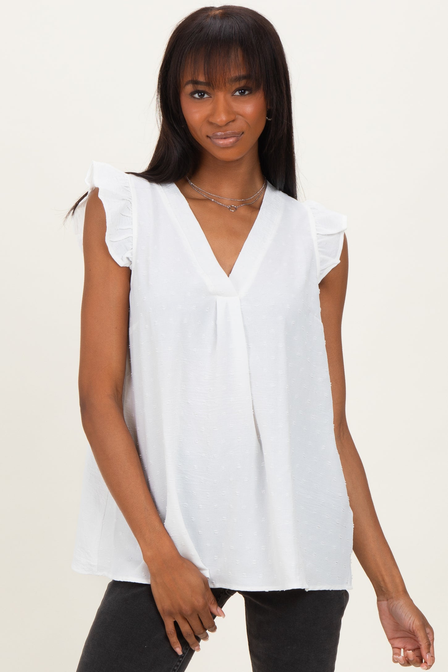 White Swiss Dot Flutter Sleeve V-Neck Top