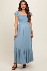 Light Blue Smocked Ruffle Hem Maternity Maxi Dress