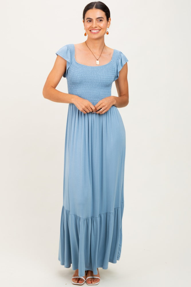 Light Blue Smocked Ruffle Hem Maxi Dress