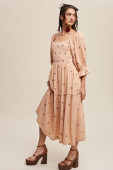 Blush Ditzy Floral Embroidery Puff Sleeve Maxi Dress