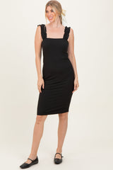 Black Ribbed Ruffle Strap Midi Dress