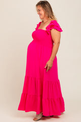 Fuchsia Smocked Ruffle Layered Short Sleeve Tiered Maternity Maxi Dress