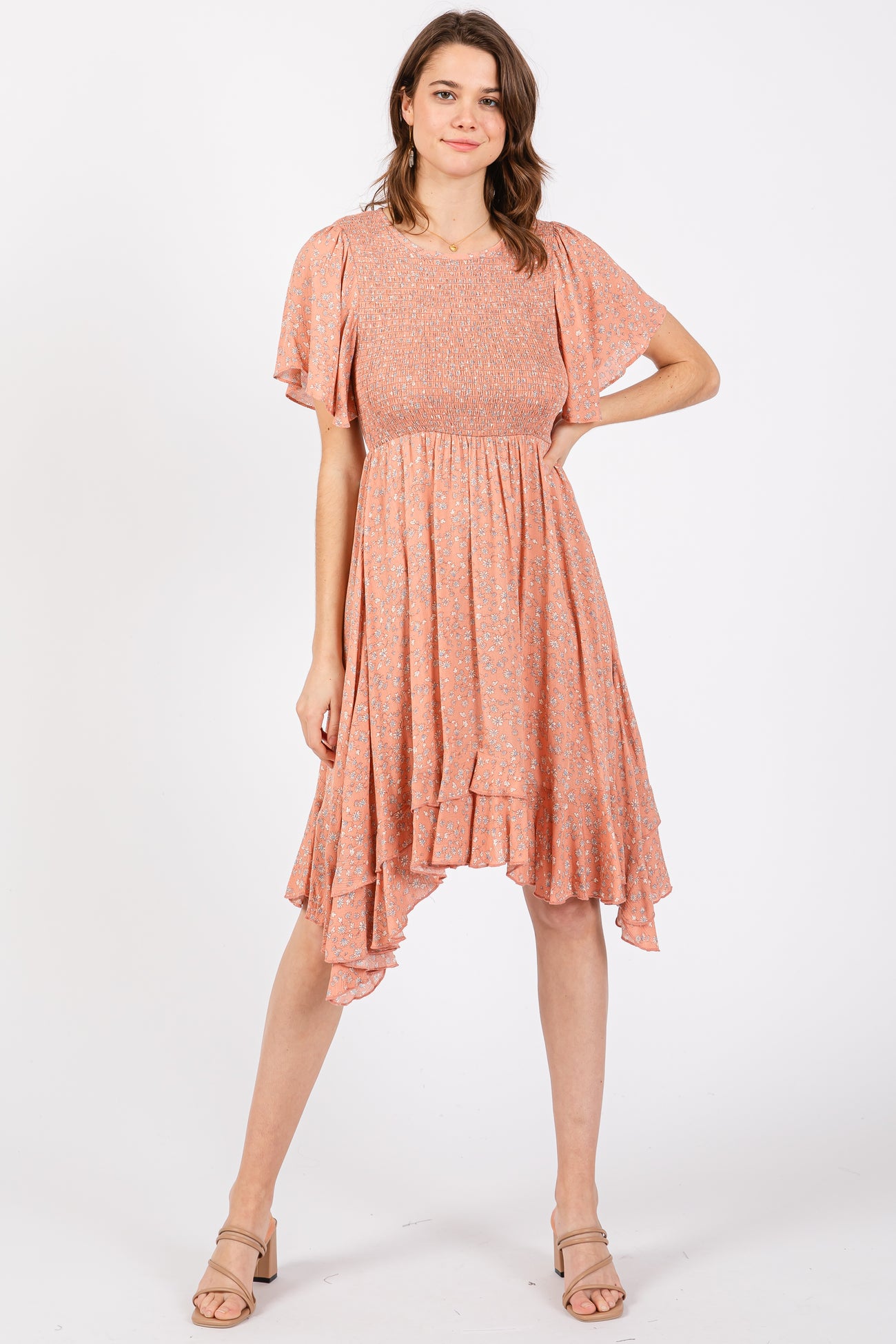 Coral Floral Smocked Ruffle Maternity Dress