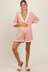 Peach Contrast Knit Maternity Romper