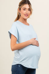 Light Blue Rolled Cuff Maternity Short Sleeve Top