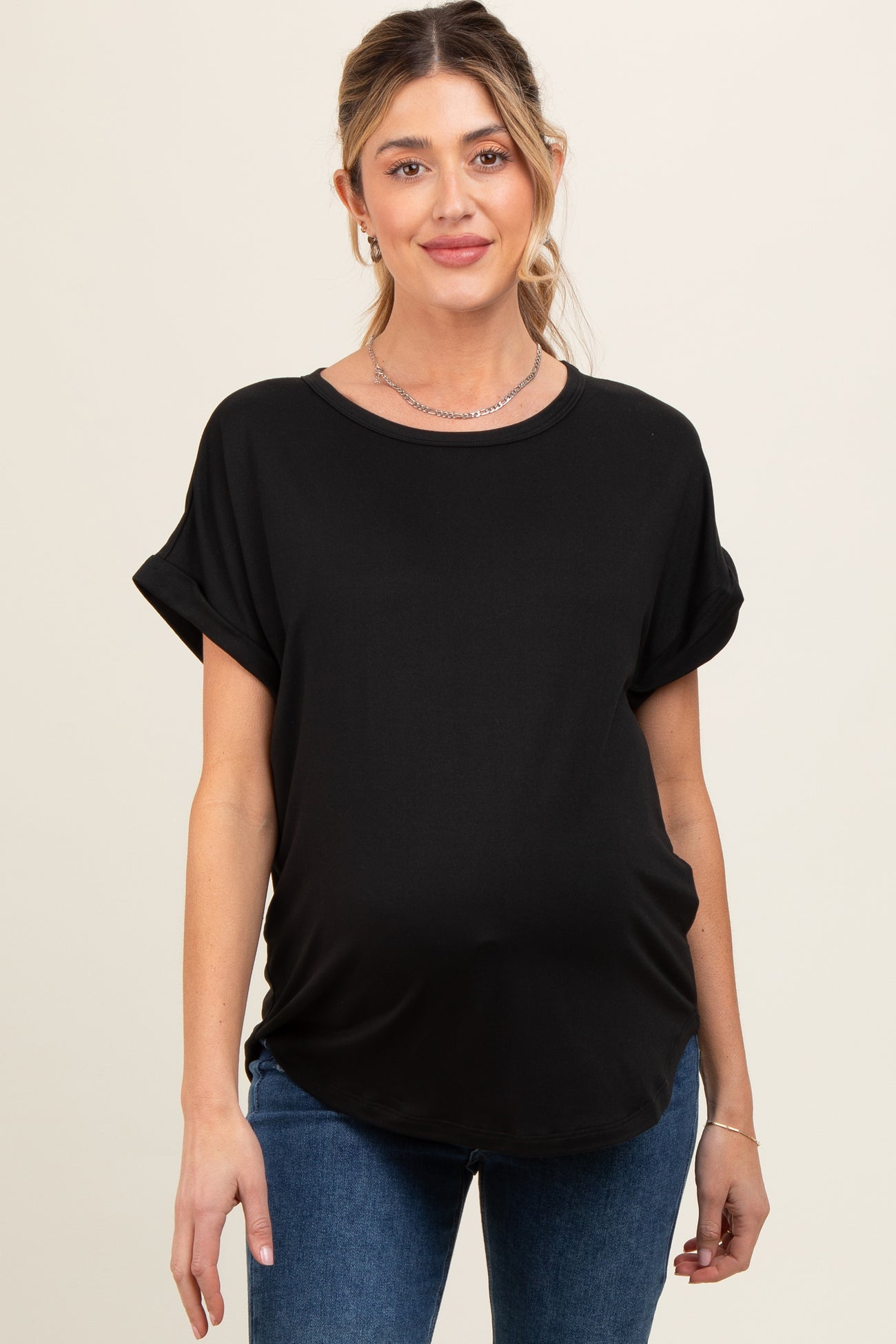 Black Rolled Cuff Maternity Short Sleeve Top