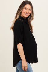 Black Linen Dolman Half Sleeve Button Down Maternity Top