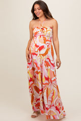 Pink Abstract Print Halter Maternity Maxi Dress