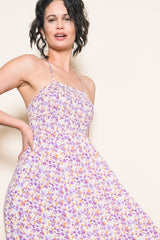 Lavender Floral Smocked Halter Flowy Maxi Dress