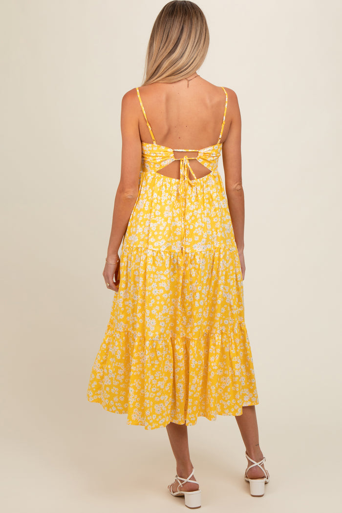 Yellow Floral Cutout Tie Back Maternity Midi Dress