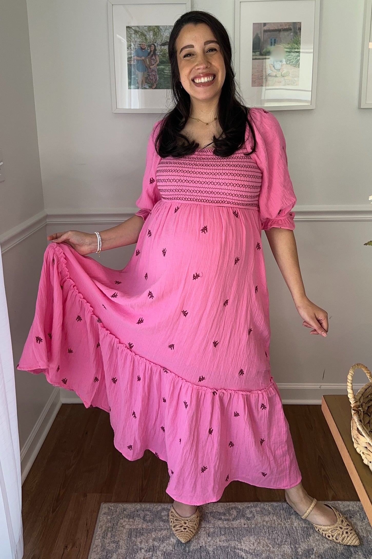 Pink Gauze Smocked Embroidered Square Neck Maternity Midi Dress