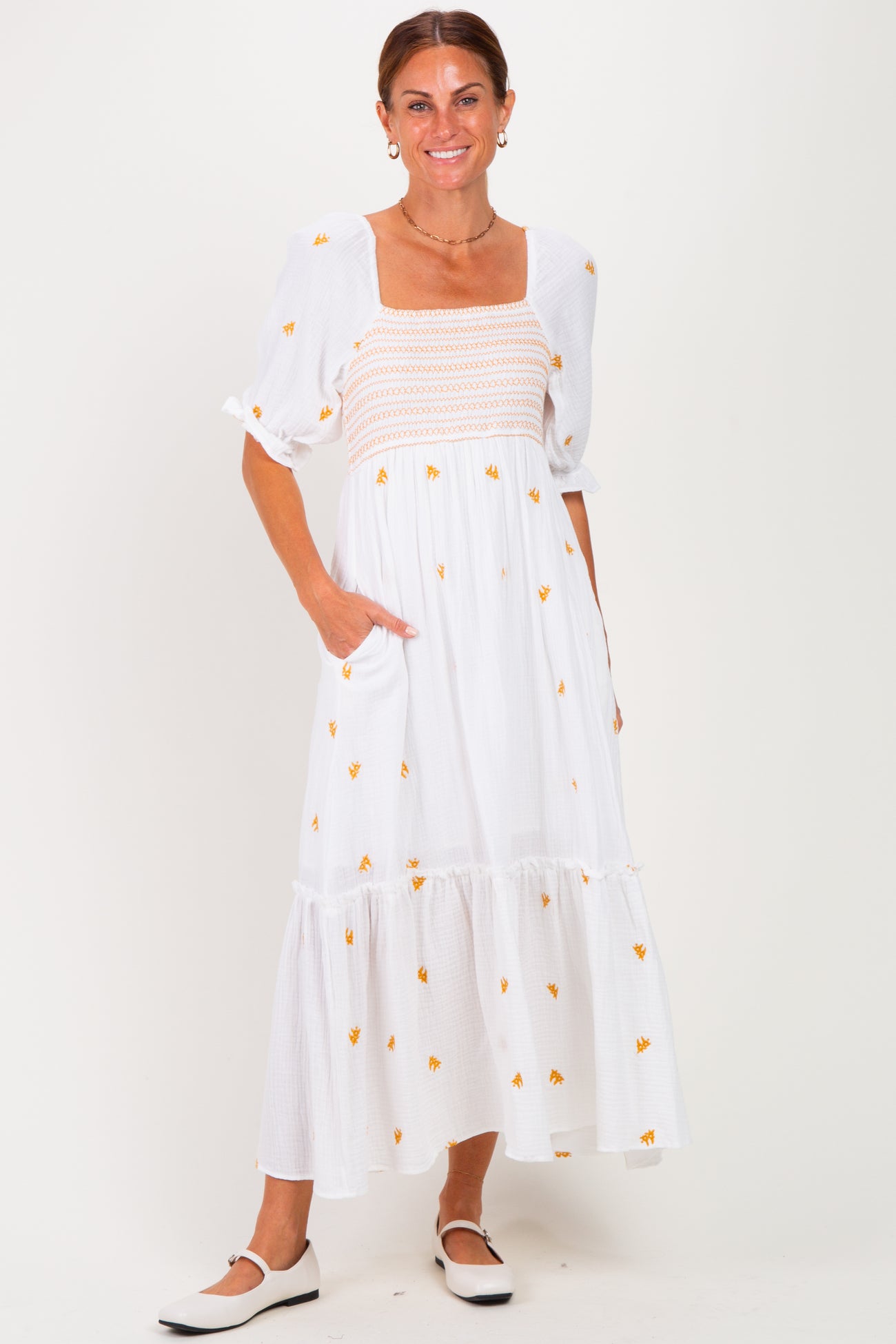 Ivory Gauze Smocked Embroidered Square Neck Maternity Midi Dress