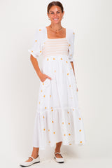 Ivory Gauze Smocked Embroidered Square Neck Maternity Midi Dress