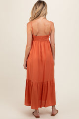 Rust Linen Front Cinch Maternity Midi Dress