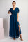 Navy Blue V-Neck Drawstring Short Sleeve Side Slit Maxi Dress
