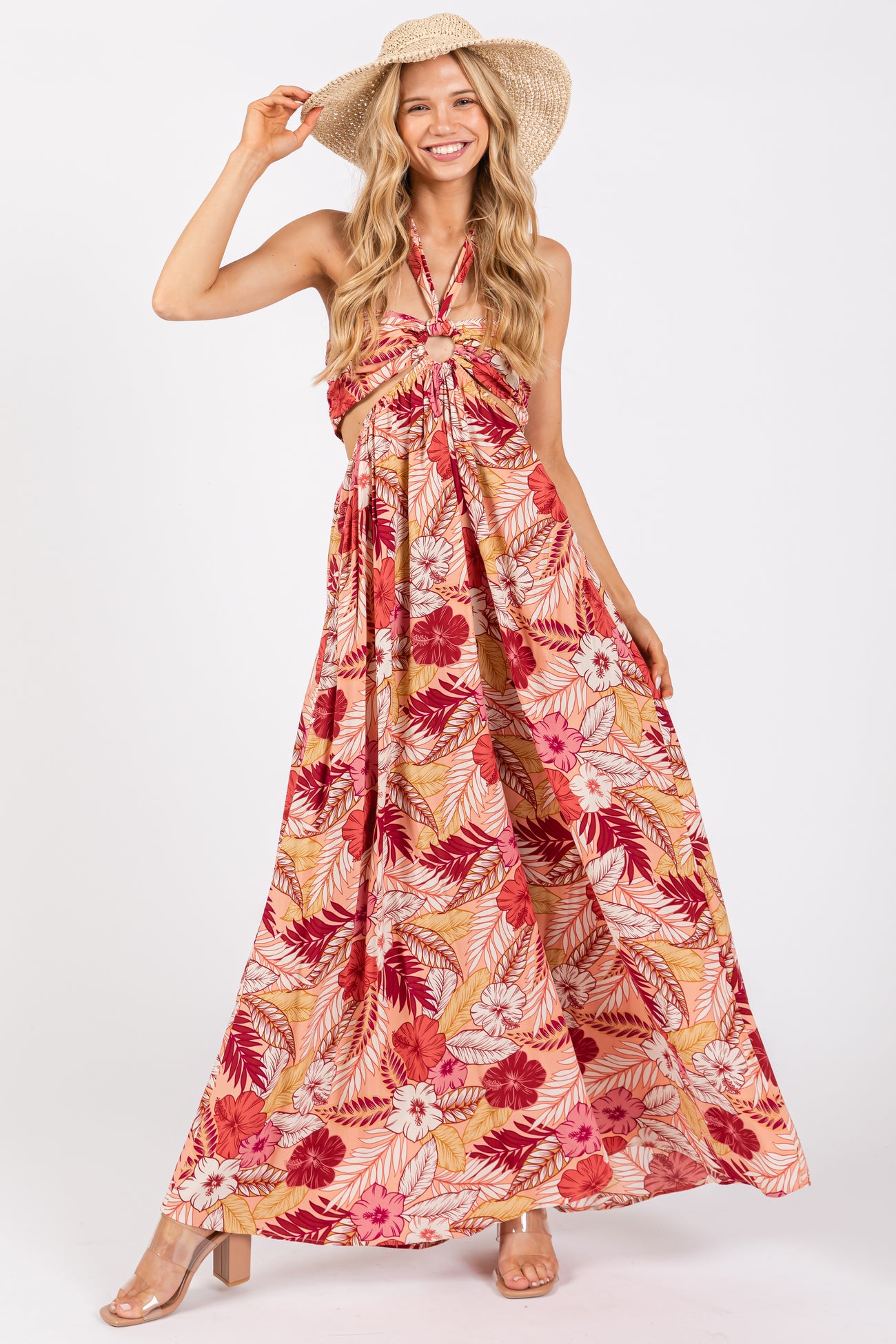 Peach Tropical Print Cutout Halter Neck Maternity Maxi Dress