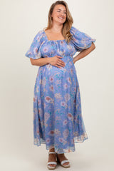Blue Floral Chiffon Puff Sleeve Maternity Plus Midi Dress