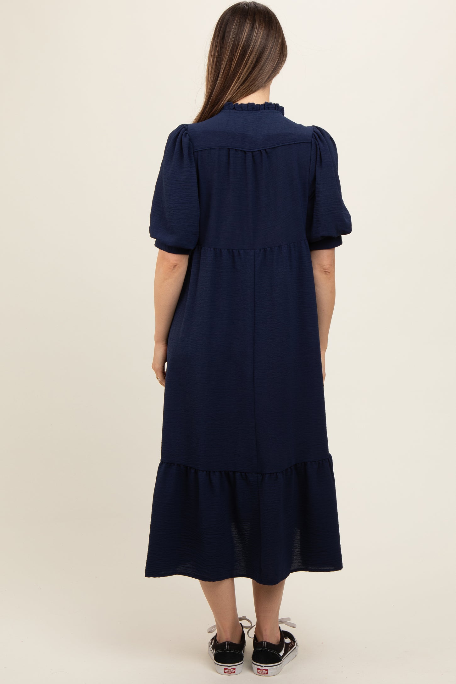 Navy Balloon Sleeve Split Neck Maternity Midi Dress