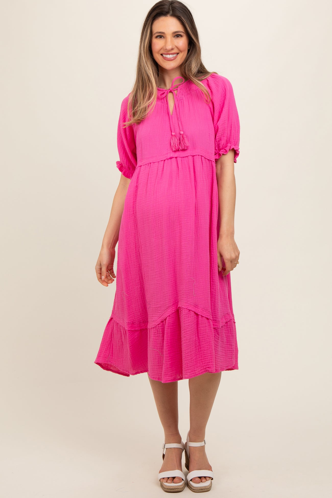 Pink Tassel Tie Maternity Midi Dress