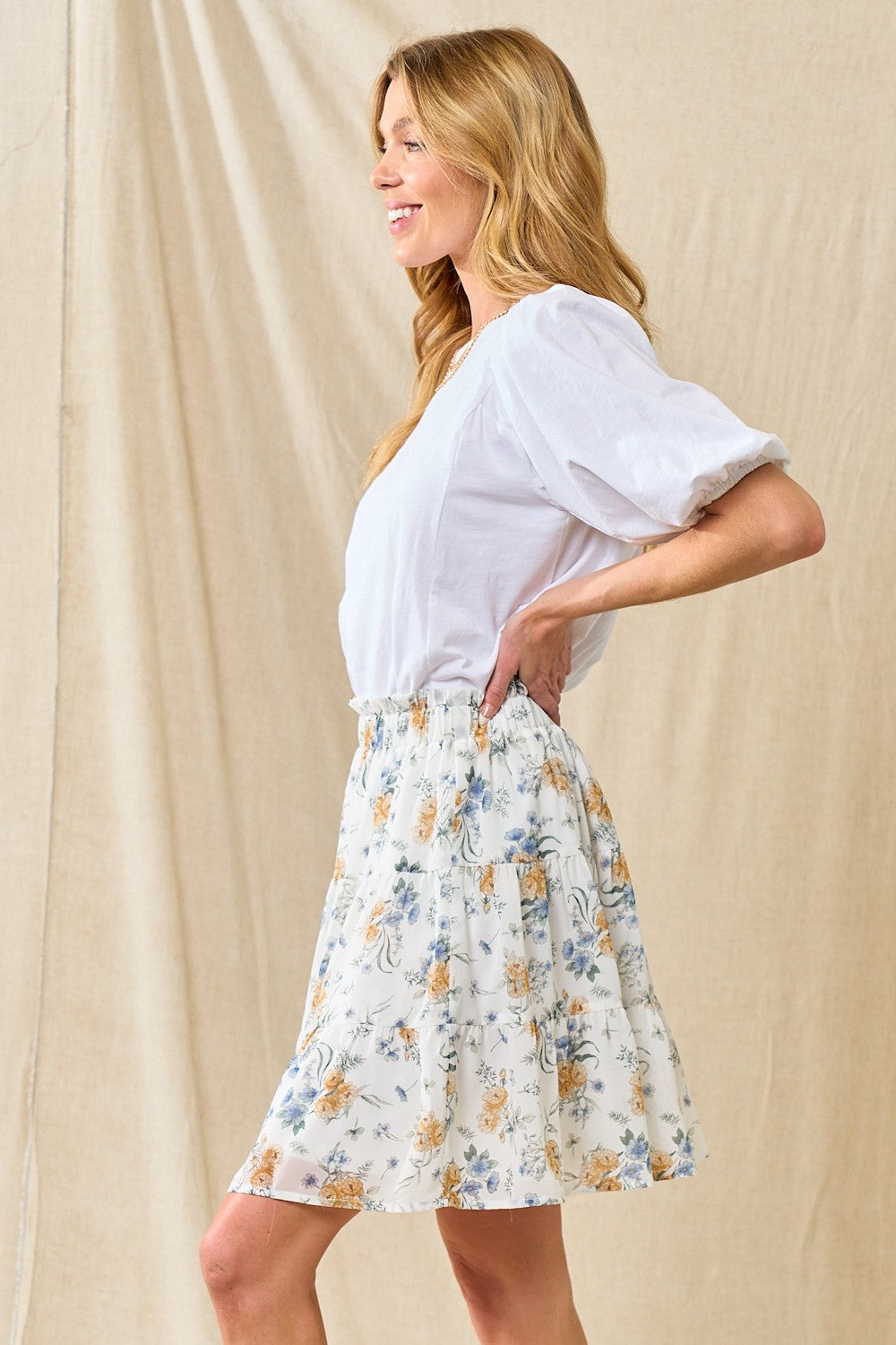 Ivory Blue Chiffon Floral Tiered Skirt