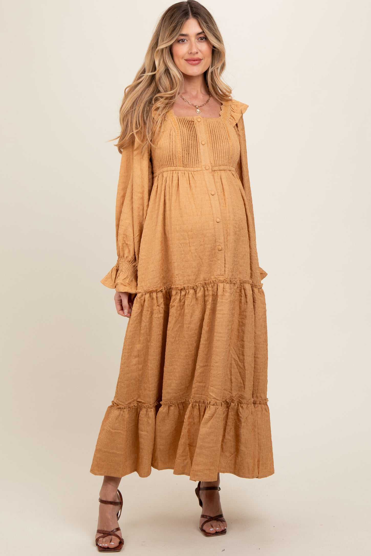 Camel Button Pleated Front Square Neck Ruffle Tiered Maternity Maxi Dress