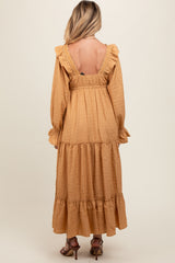 Camel Button Pleated Front Square Neck Ruffle Tiered Maternity Maxi Dress