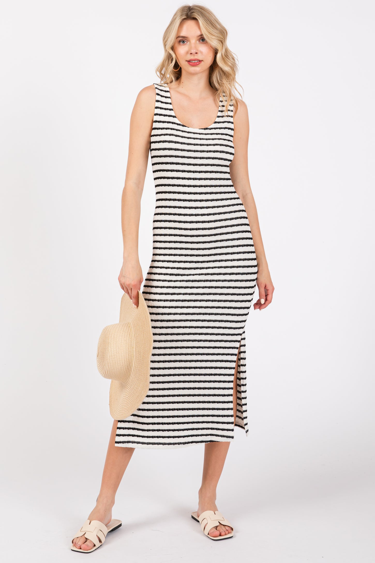 Black Striped Side Slit Midi Dress