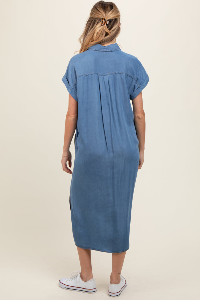 Blue Chambray Button Down Maternity Midi Dress