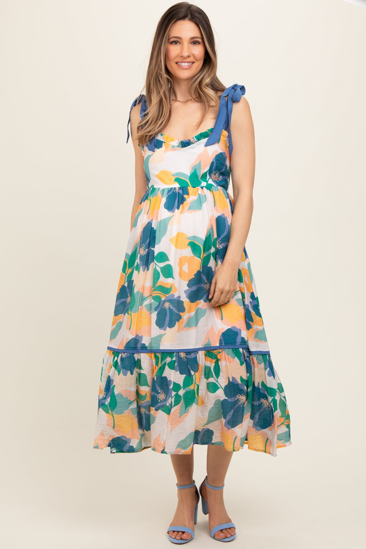 Blue Floral Shoulder Strap Maternity Midi Dress
