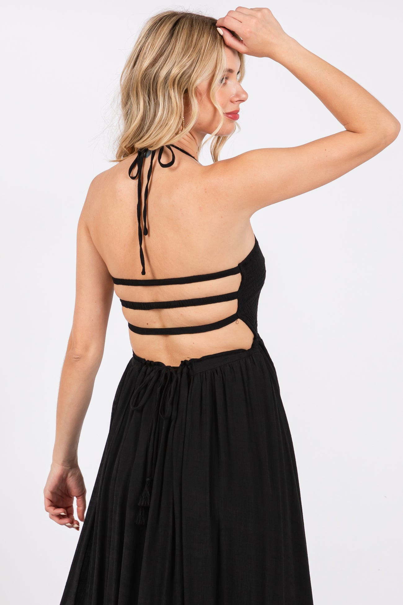 Black Smocked Halter Cutout Maxi Dress