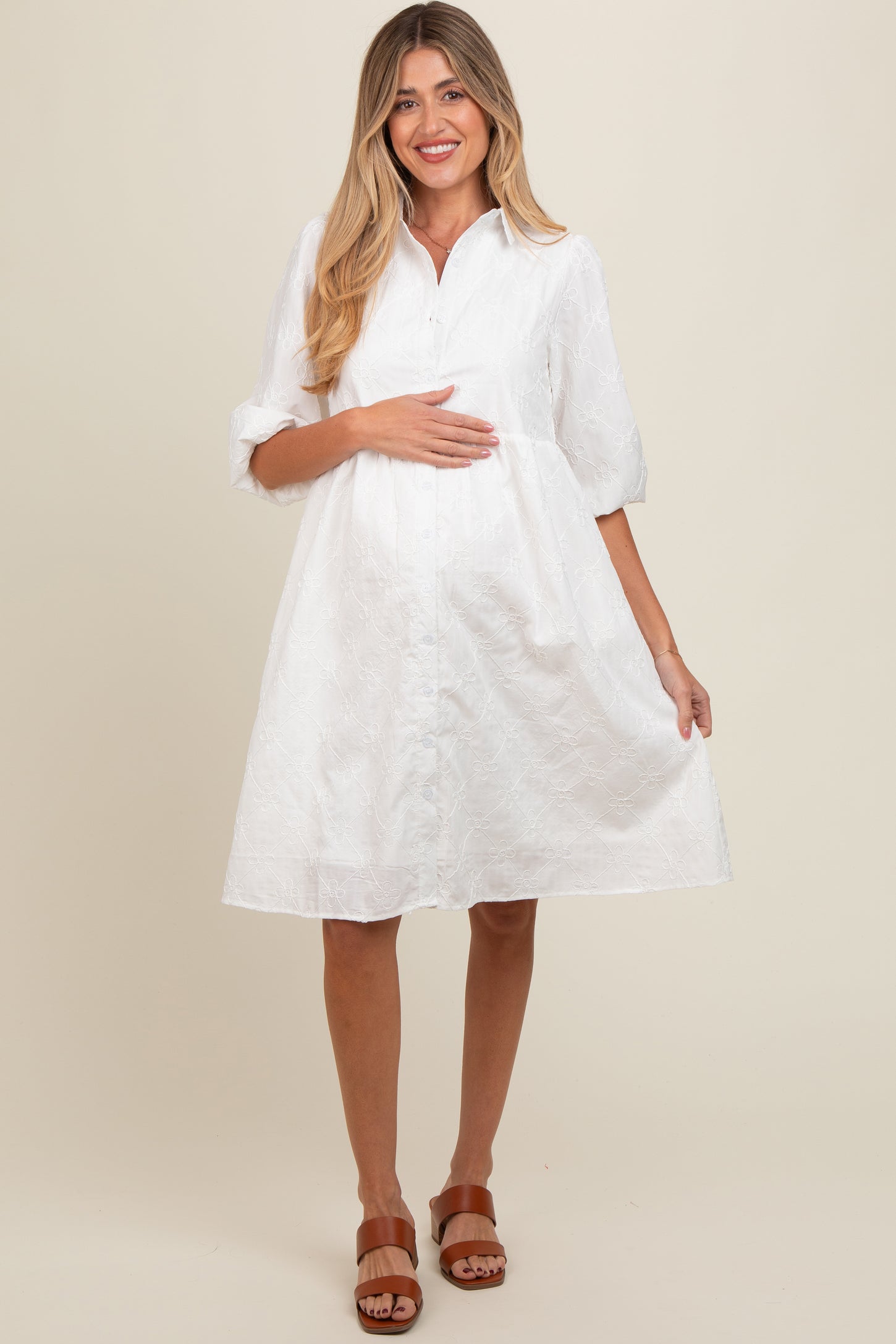 Ivory Floral Embroidered Collared Button Down Maternity Dress