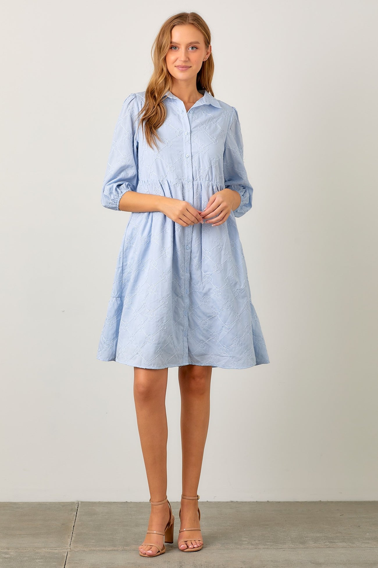 Light Blue Floral Embroidered Collared Button Down Maternity Dress