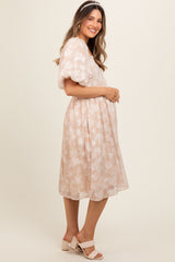 Beige Floral Embroidered Short Puff Sleeve Maternity Dress
