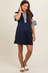 Navy Blue Striped Color Block Collared Terry Maternity Dress