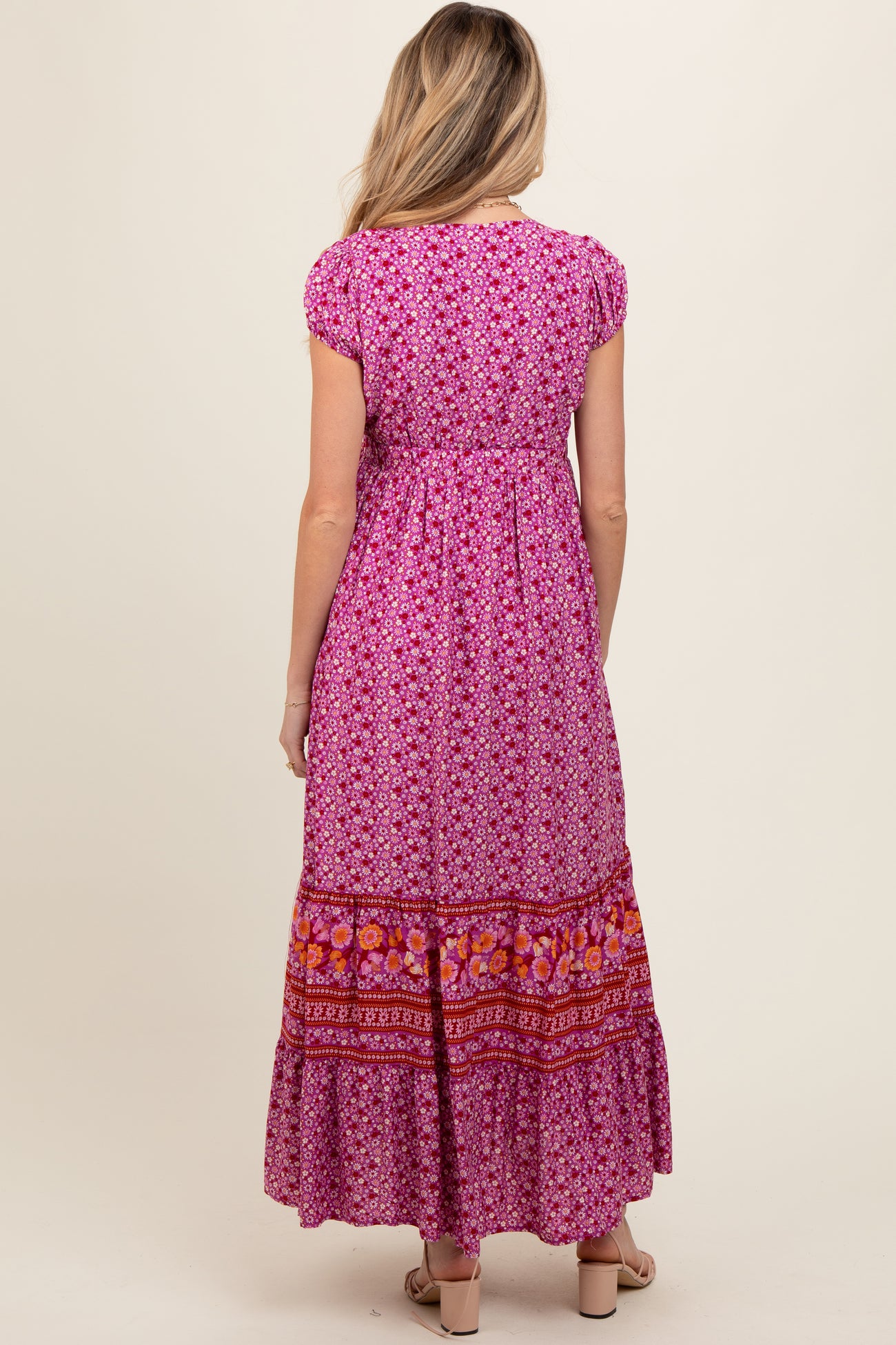 Magenta Floral Border Print Ruffle Maternity Maxi Dress