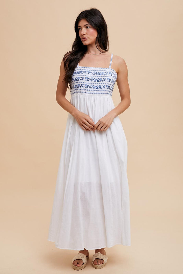 Navy Blue Floral Embroidered Lace-Up Back Maternity Maxi Dress