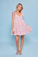 White Pink Flower Print Heart Shape Bodice Baby Doll Dress