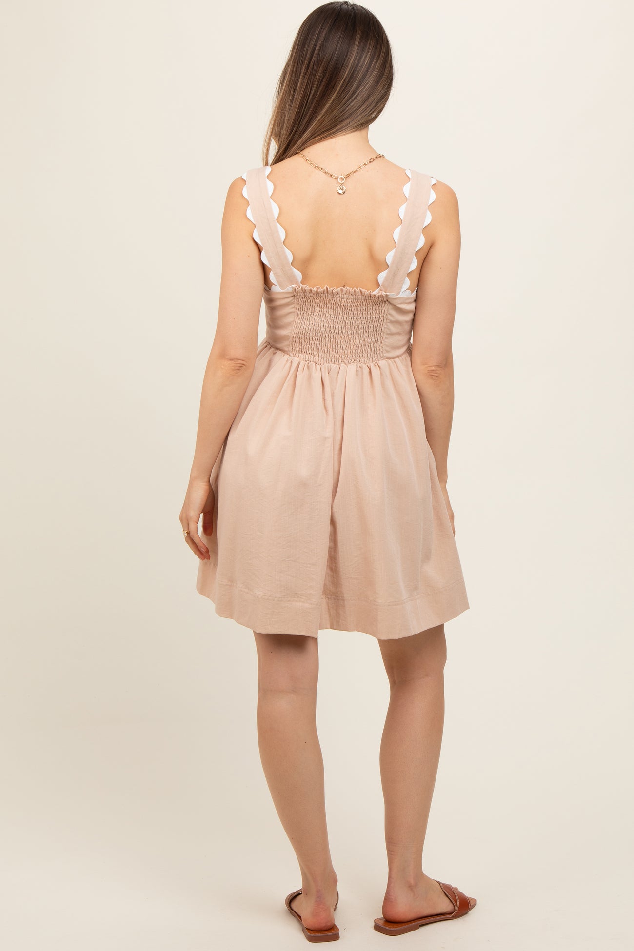 Beige Ric Rack Accent Sleeveless Maternity Dress