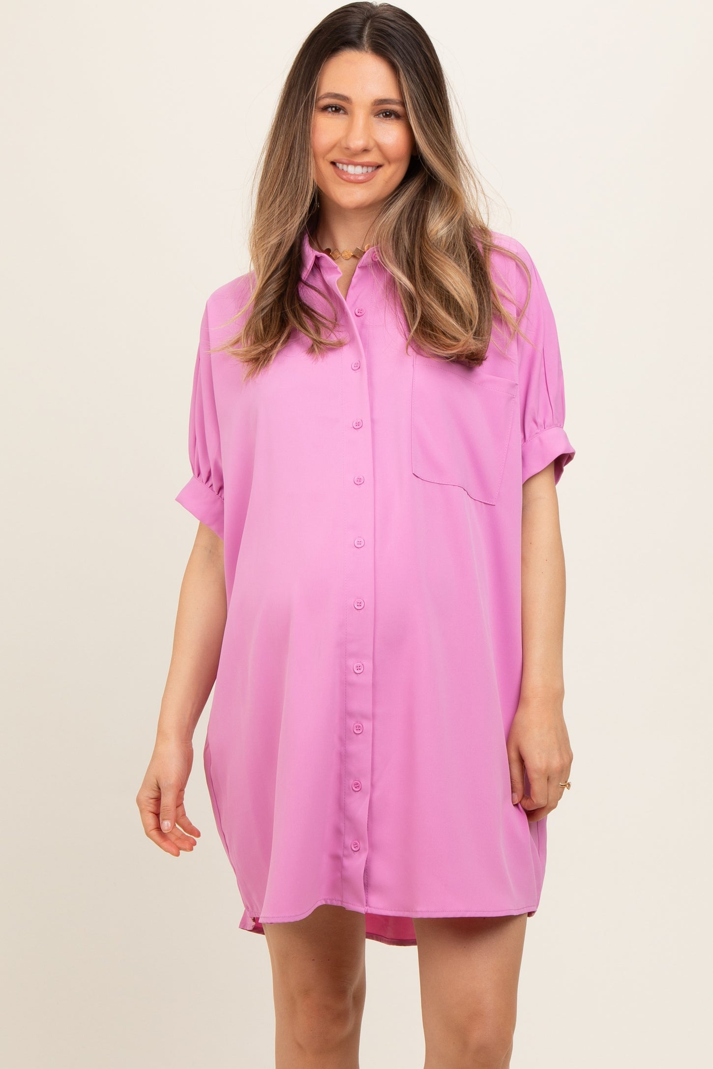 Pink Collared Button Down Maternity Shirt Dress