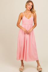 Pink V-Neck Crochet Top Maternity Midi Dress