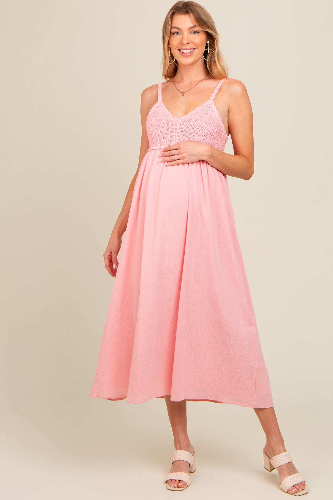 Pink V-Neck Crochet Top Maternity Midi Dress